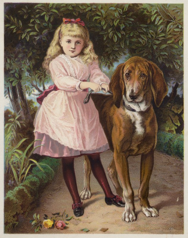 Fille tenant un chien de Saint-Hubert en laisse - American School