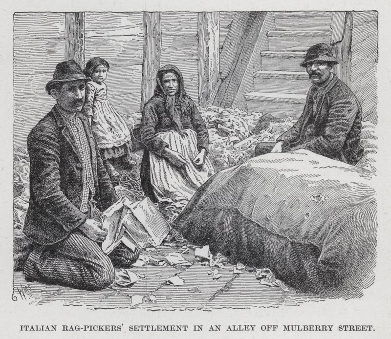 Colonie de chiffonniers italiens dans une allée de Mulberry Street (lithographie) - American School
