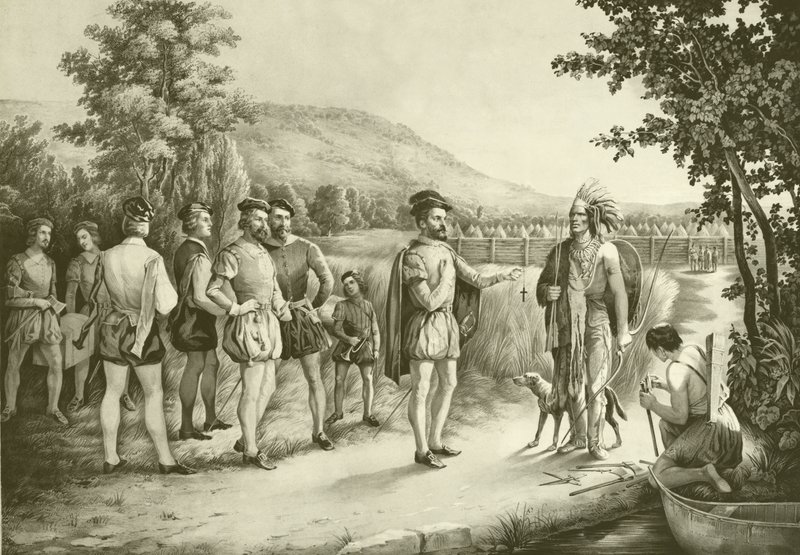 Jacques Cartier, sa première rencontre avec les Indiens à Hochelaga maintenant Montréal en 1535, vers 1850 - American School