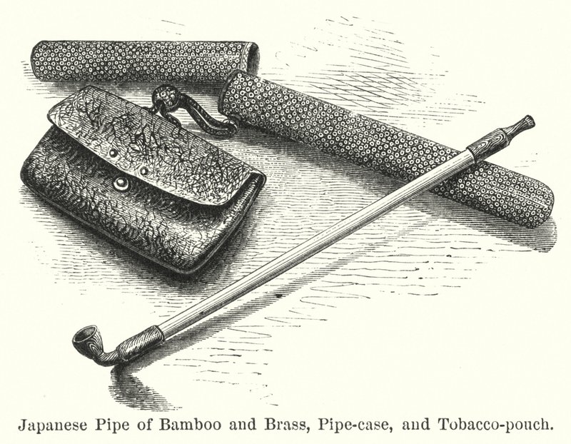 Pipe japonaise en bambou et laiton, étui à pipe et pochette à tabac - American School
