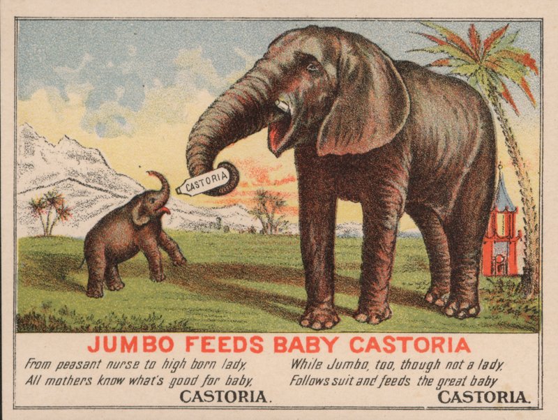 Jumbo nourrit le bébé Castoria, publicité pour le médicament Castoria de Fletcher, avec l