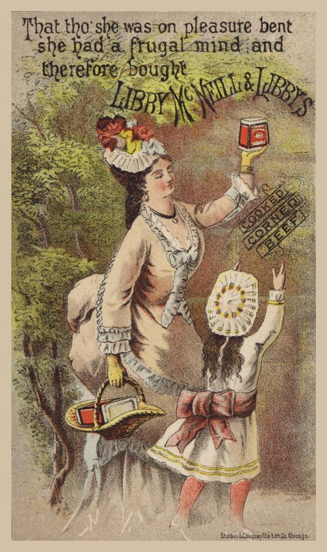 Dame et fille faisant la publicité du corned-beef - American School