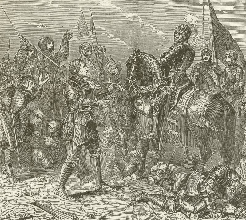 Lord Stanley apportant la couronne de Richard à Richmond, après la bataille de Bosworth - American School