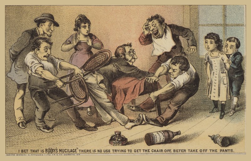 Homme collé à une chaise avec de la colle - American School