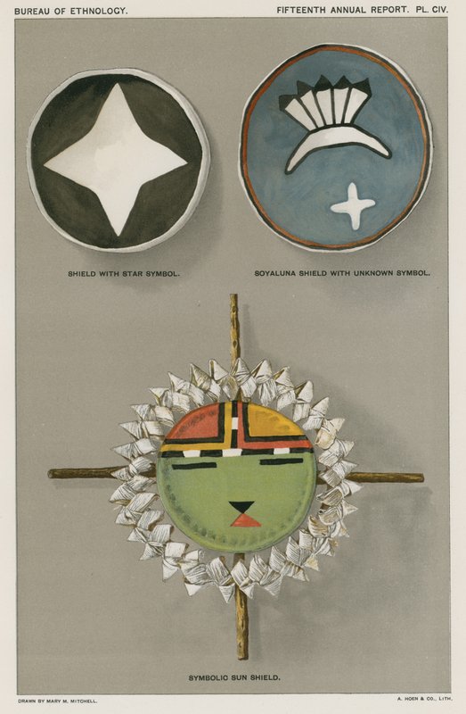 Boucliers amérindiens - bouclier avec symbole étoile, bouclier Soyaluna avec symbole inconnu, bouclier soleil symbolique - American School