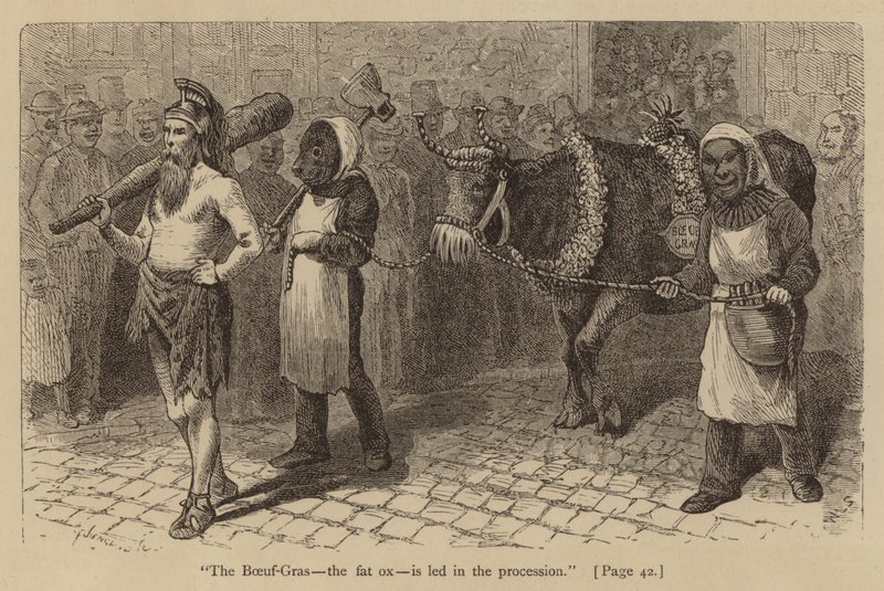 Le Bœuf-Gras, le bœuf gras, est conduit dans la procession - American School