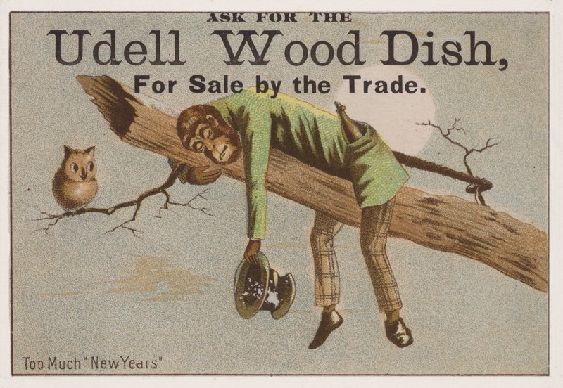 Trop de Nouvel An, carte publicitaire pour les plats en bois Udell - American School