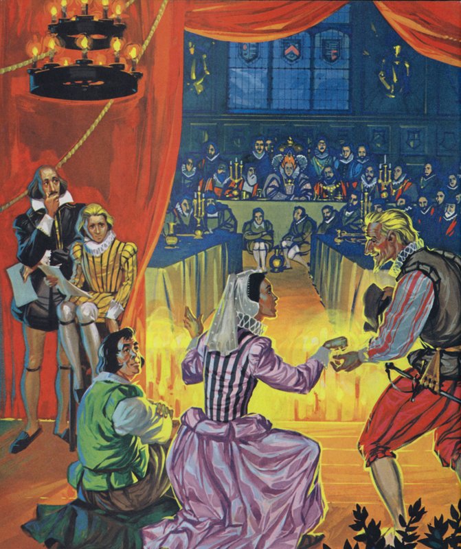 Une représentation de Twelfth Night devant la Reine Elizabeth I, Shakespeare écoutant derrière le rideau (litho couleur) - Angus McBride