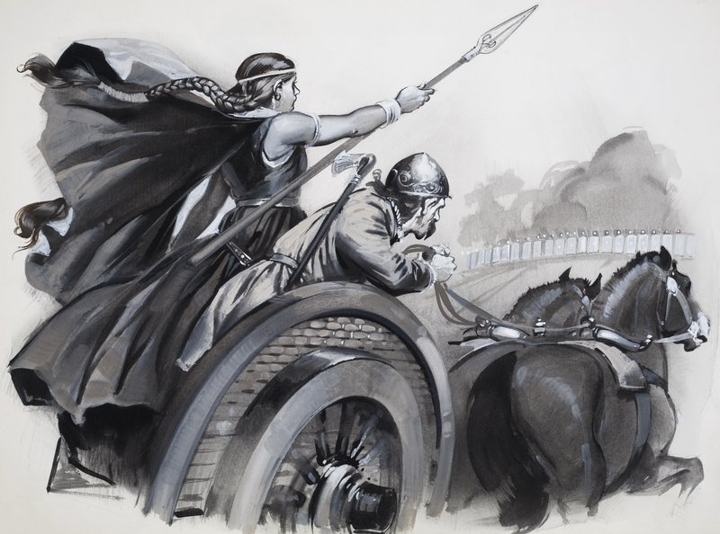 Boadicea attisant la fureur des Britanniques contre leurs suzerains romains (gouache sur papier) - Angus McBride