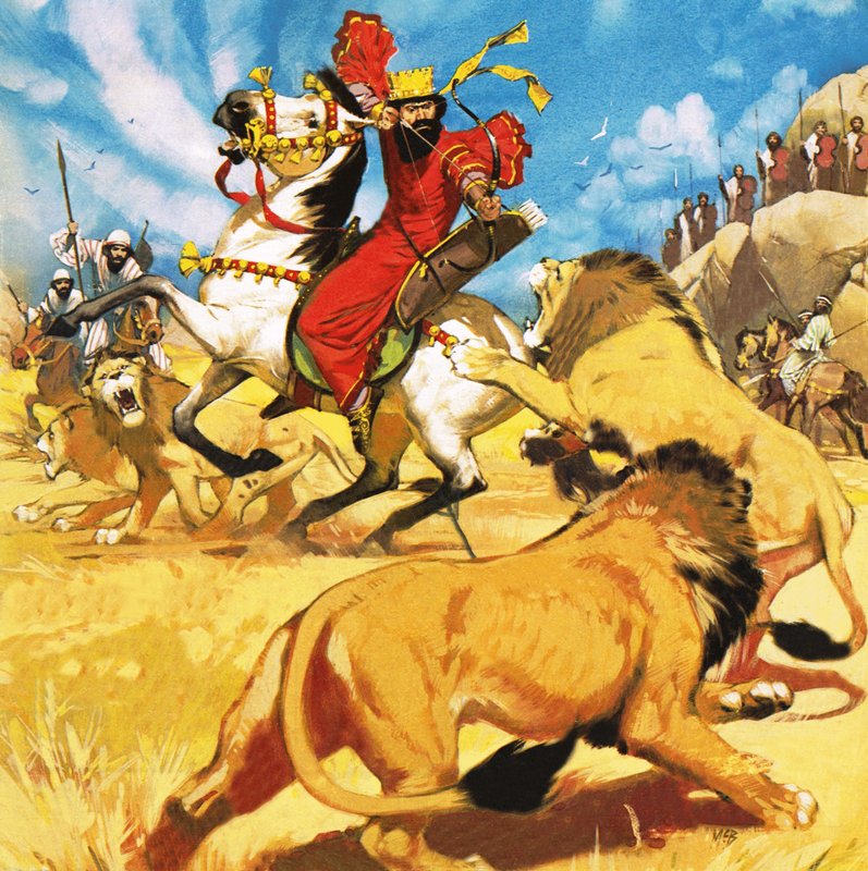 Le roi Darius de Perse chasse les lions - Angus McBride