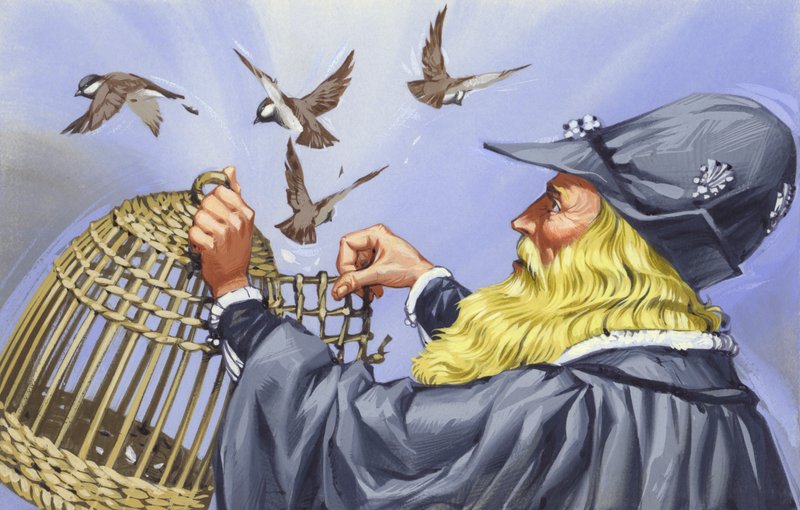 Léonard de Vinci, qui achetait des oiseaux en cage pour les libérer (gouache sur papier) - Angus McBride