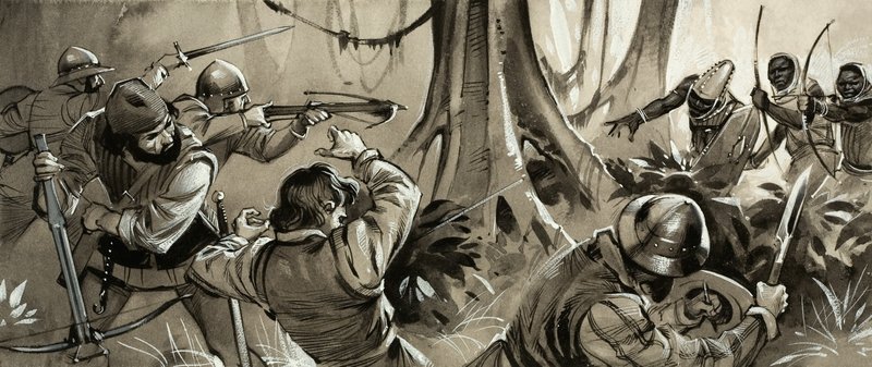 Marins portugais attaqués par des tribus hostiles en Afrique du Nord (gouache sur papier) - Angus McBride