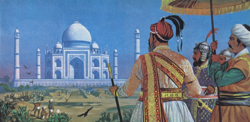 Shan Jahan observant la construction du Taj Mahal (lithographie couleur) - Angus McBride