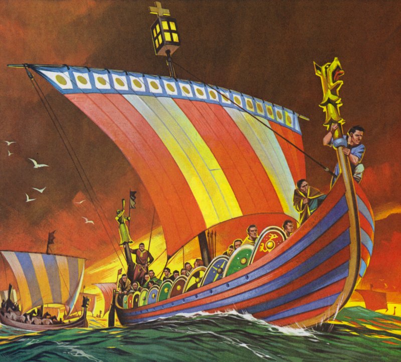 Les Normands traversent la Manche pour se rendre à Hastings (lithographie couleur) - Angus McBride