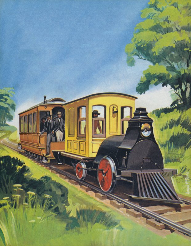 Train électrique de Thomas Edisons, construit en 1882 (lithographie couleur) - Angus McBride