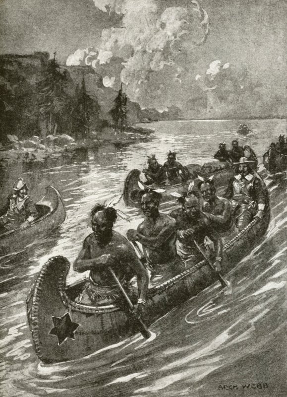 Samuel De Champlain en 1608 remontant le fleuve Saint-Laurent dans les canoës des Indiens d