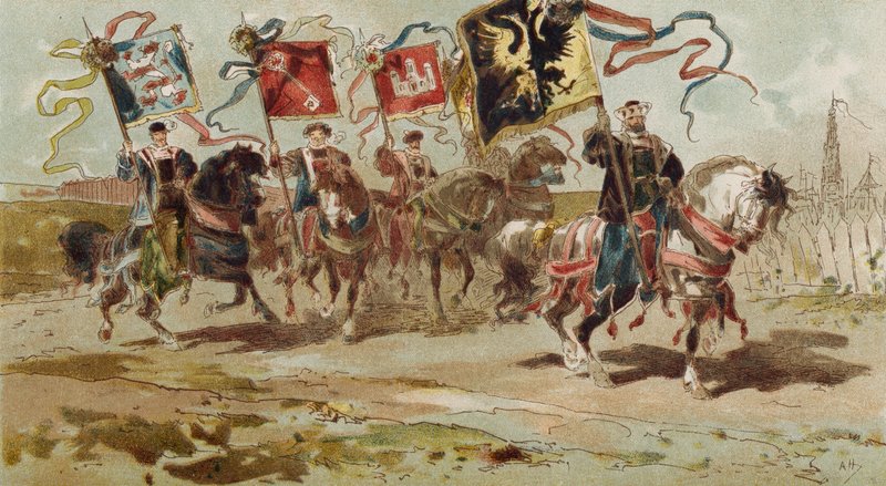 Cavaliers portant des bannières de la Ligue hanséatique et de certaines de ses villes membres, Pays-Bas espagnols, XVIe siècle - Armand Jean Heins