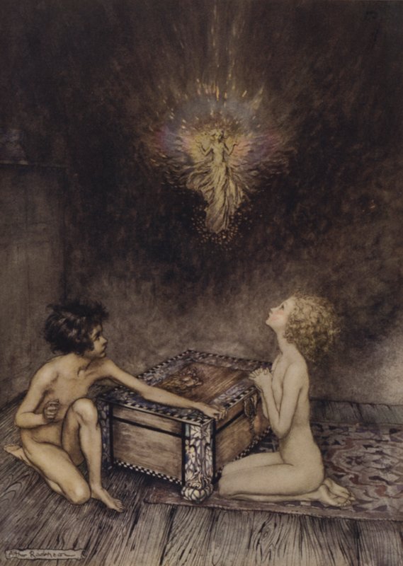 Pandora et Épiméthée, scène de A Wonder Book, par Nathaniel Hawthorne - Arthur (after) Rackham