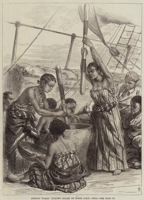 Femmes africaines décortiquant du millet à bord du HMS Lynx - Arthur Hopkins