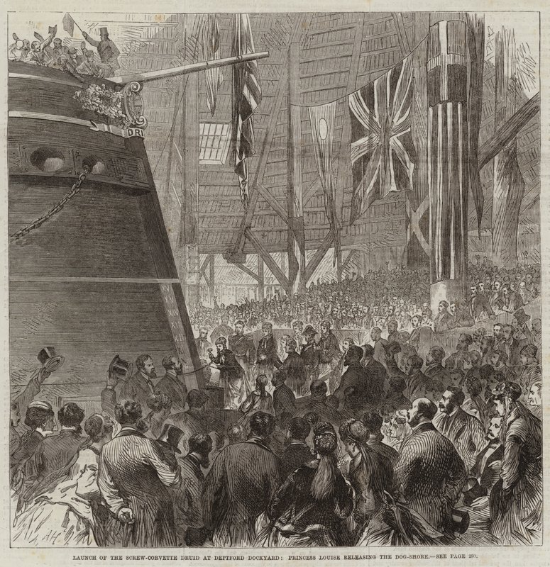 Lancement de la corvette à vis Druid au chantier naval de Deptford, la princesse Louise libérant le Dog-Shore - Arthur Hopkins
