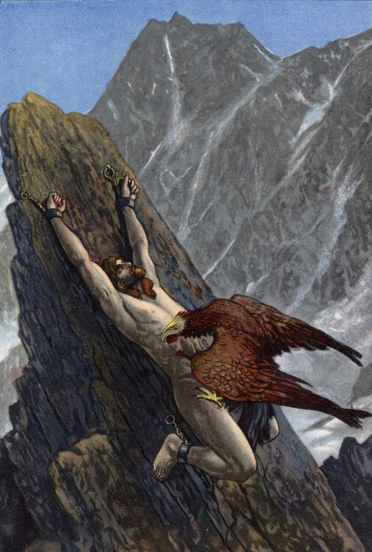 Aigle dévorant le foie de Prométhée, enchaîné à un rocher par Zeus en punition pour avoir volé le feu aux dieux et l