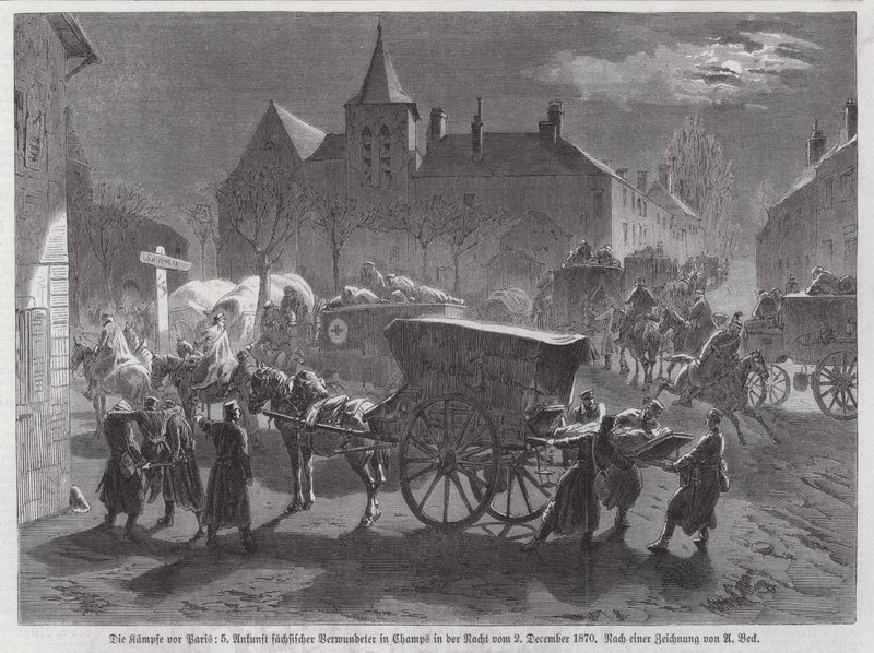 Arrivée de soldats saxons blessés dans les batailles aux abords de Paris, Guerre franco-prussienne, 2 décembre 1870 - Augustus J. Beck