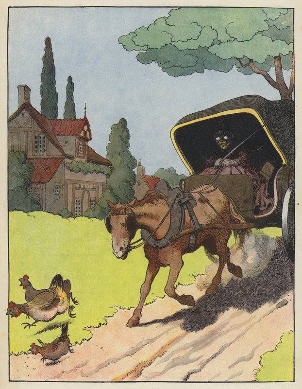 Poules effrayées par un chariot tiré par des chevaux - Benjamin Rabier