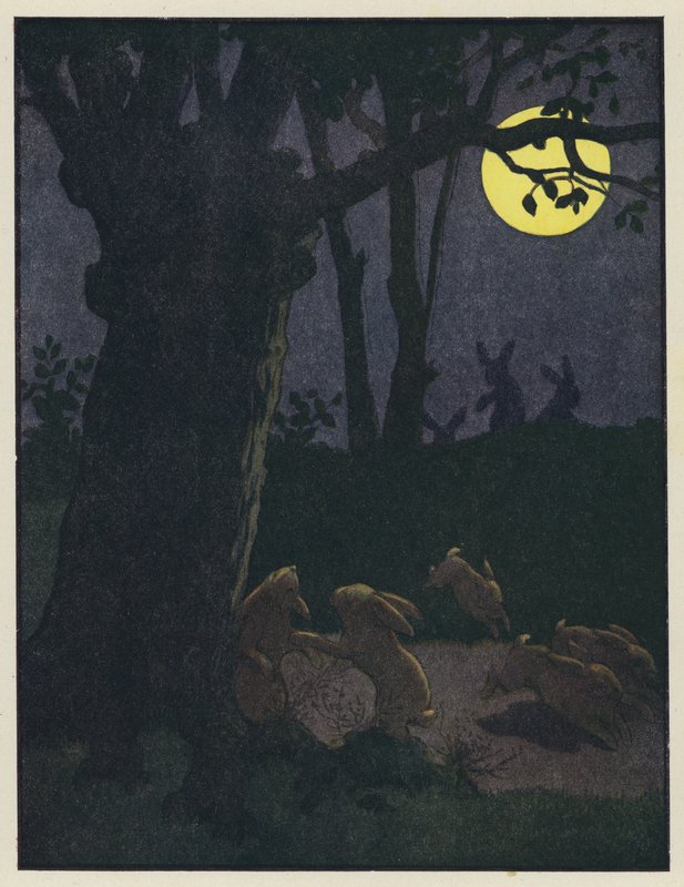 Lapins sous un arbre par une nuit de pleine lune - Benjamin Rabier