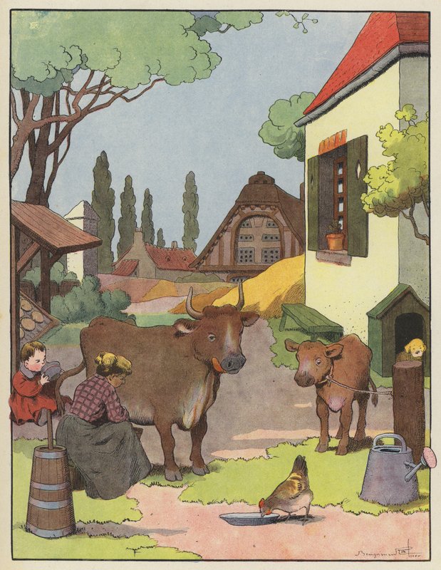 Femme trayant une vache dans une ferme - Benjamin Rabier