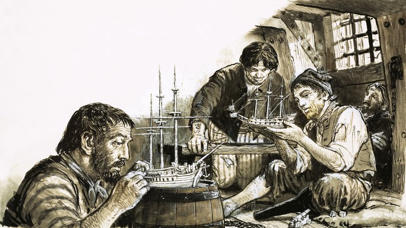 Prisonniers de guerre français des guerres napoléoniennes fabriquant des maquettes de bateaux - C.L. Doughty