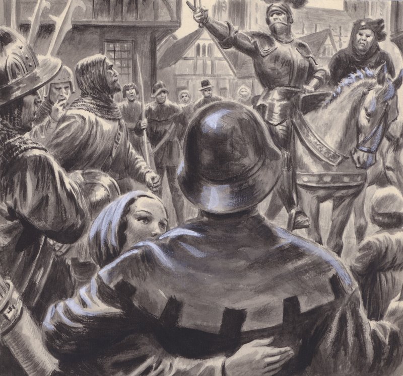 Les nobles qui se querellent recrutent des armées parmi les anciens chômeurs qui affluent en Angleterre après la fin de la guerre de Cent Ans en 1453 (gouache sur papier). - C.L. Doughty