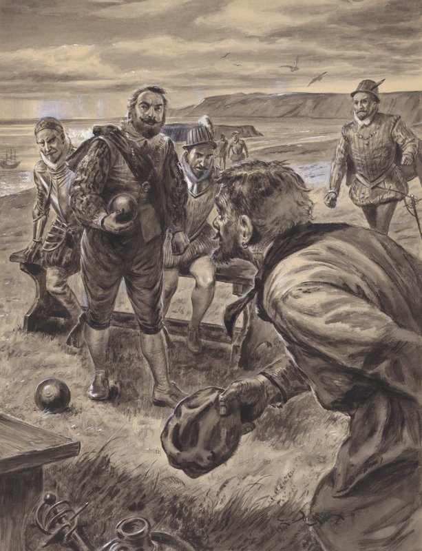 Sir Francis Drake jouant aux boules, recevant des nouvelles de l