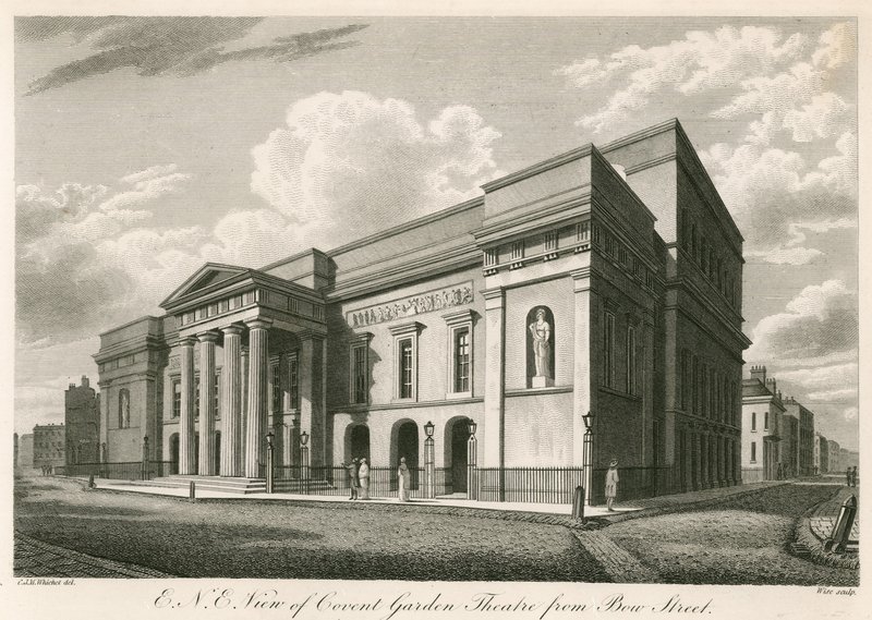 Vue extérieure nord-est du Théâtre de Covent Garden, Londres, depuis Bow Street - C. John Mayle Whichelo