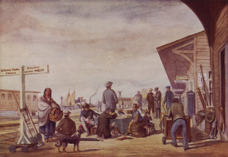 Immigrants à la gare, Toronto (lithographie couleur) - Canadian School