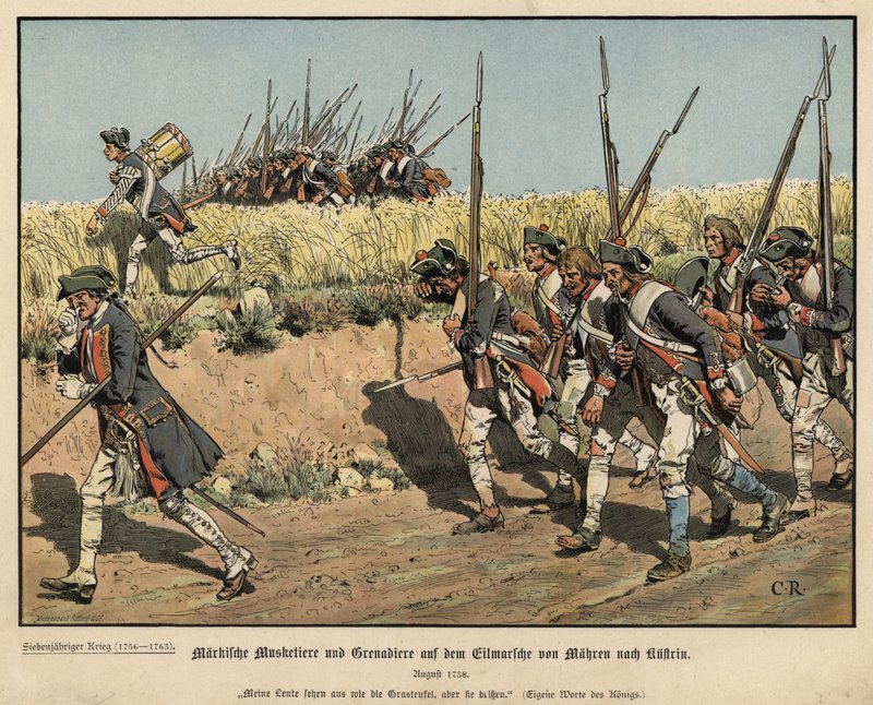 Mousquetaires et grenadiers prussiens en marche de Mahren à Kustrin - Carl Röchling