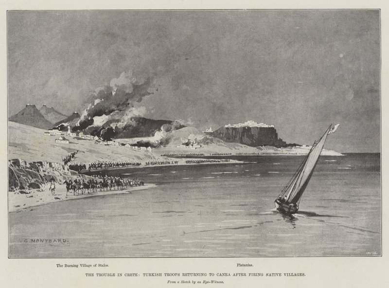 Les troubles en Crète, troupes turques retournant à Canea après avoir incendié des villages natifs - Charles Auguste Loye