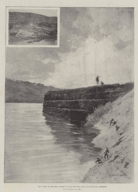 Deux vues de la tentative des Boers de barrer la rivière Klip et d