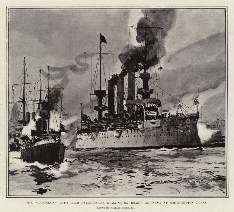 Le Brooklyn, avec les Restes de Lord Pauncefote à Bord, arrivant aux Docks de Southampton - Charles Edward Dixon