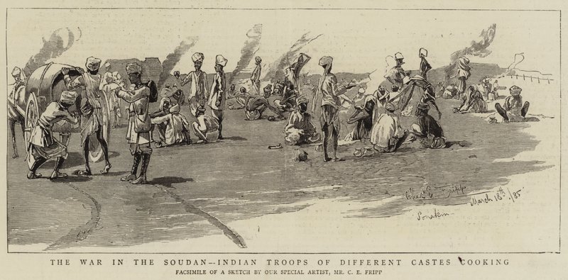 La guerre au Soudan, troupes indiennes de différentes castes cuisinant - Charles Edwin Fripp