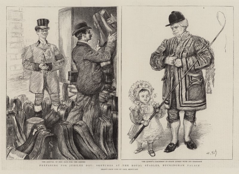 Préparatifs pour le jour du Jubilé, croquis aux écuries royales, Buckingham Palace - Charles Paul Renouard
