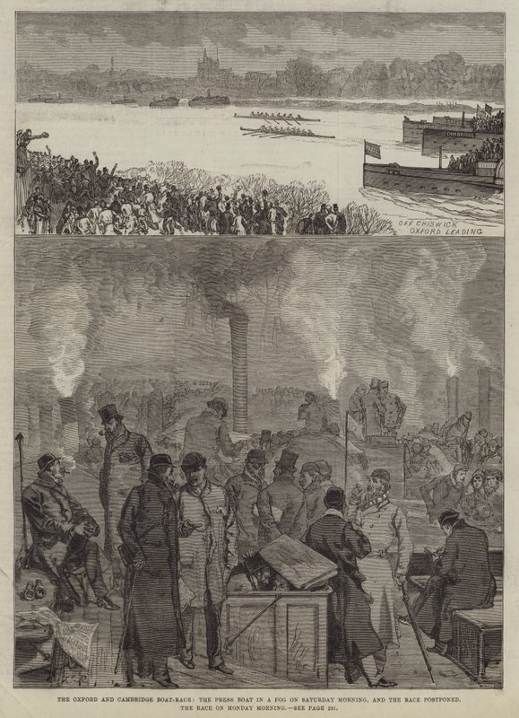 La course de bateaux Oxford et Cambridge, le bateau de presse dans le brouillard le samedi matin, et la course reportée, la course le lundi matin - Sir John Charles Robinson