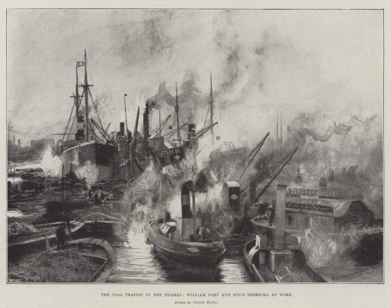Le trafic du charbon sur la Tamise, les derricks de William Cory and Son en action - Charles William Wyllie