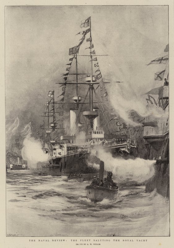 La revue navale, la flotte saluant le yacht royal - Charles William Wyllie