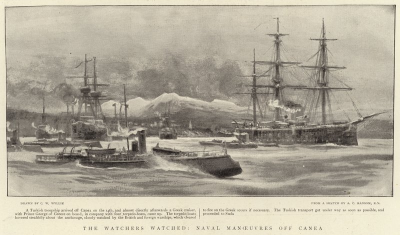 Le guetteur guetté, manœuvres navales au large de Canea - Charles William Wyllie