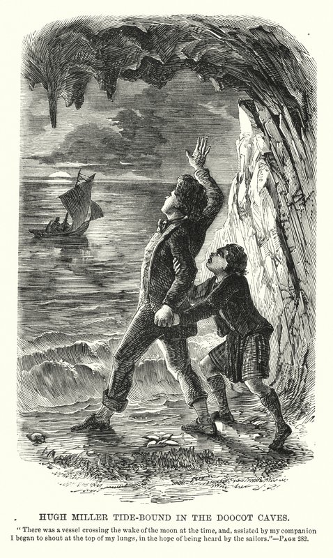 Hugh Miller bloqué par la marée dans les grottes de Doocot (gravure) - Charles Altamont Doyle