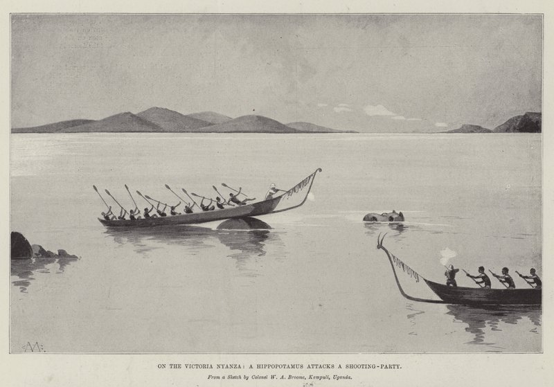 Sur le Victoria Nyanza, un hippopotame attaque une partie de chasse - Charles Auguste Loye