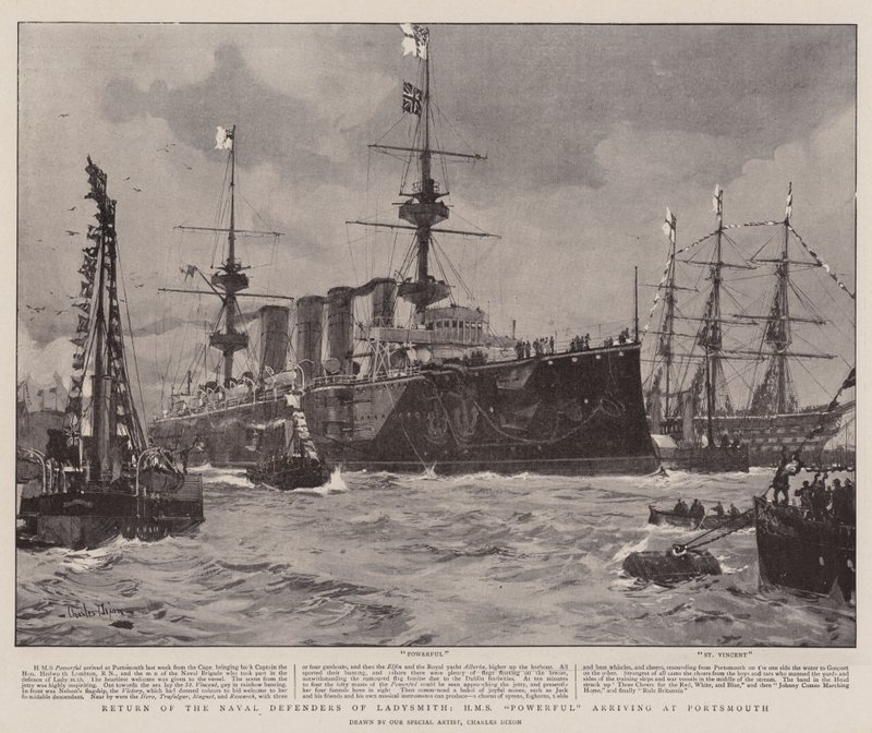 Retour des défenseurs navals de Ladysmith, HMS Powerful arrivant à Portsmouth - Charles Edward Dixon