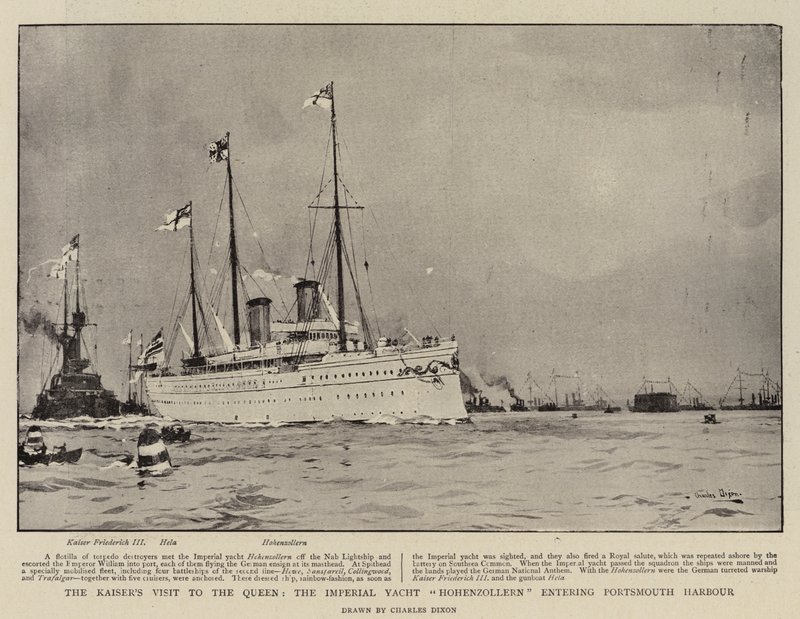 La visite du Kaiser à la Reine, le yacht impérial Hohenzollern entrant dans le port de Portsmouth - Charles Edward Dixon