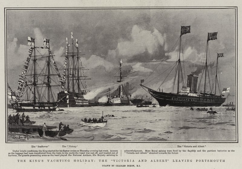 Les Vacances Nautiques du Roi, le Victoria et Albert quittant Portsmouth - Charles Edward Dixon