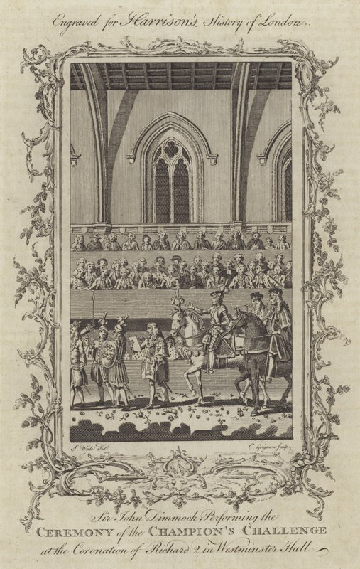 Sir John Dimmock Effectuant la Cérémonie du Défi des Champions lors du Couronnement de Richard II dans le Hall de Westminster, 1377 - Charles Grignion